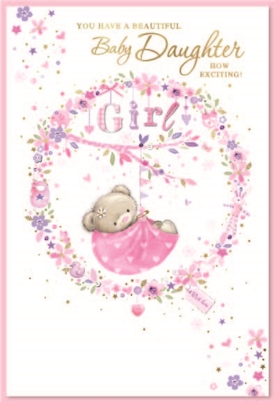 BABY GIRL CONGRATS. CARDS,6`s Teddy in Pink Wreath