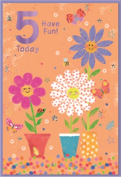 AGE 5 CARDS,Female 6`s Smiley Flowers in Vase