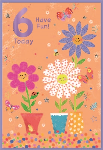 AGE 6 CARDS,Female 6`s Smiley Flowers in Vase