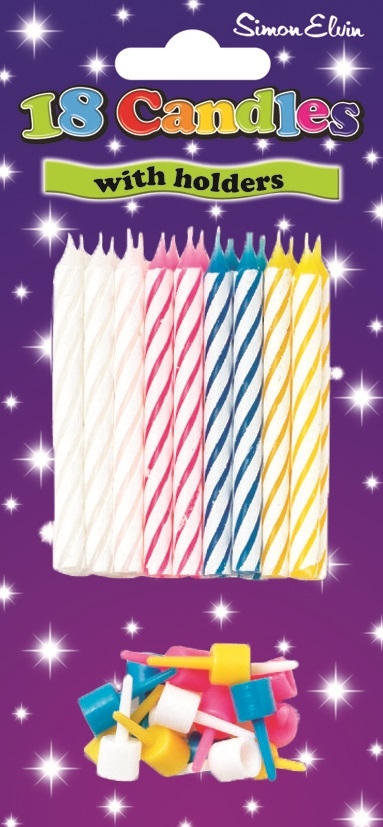CAKE CANDLES/HOLDERS,Multi Coloured 18`s I/cd [Packs Only]