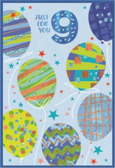 AGE 9 CARDS,Male 6`s Balloons & Stars