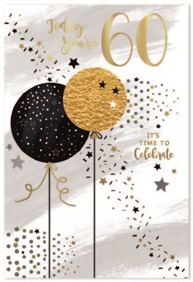AGE 60 CARDS,Male 6`s Balloons & Confetti