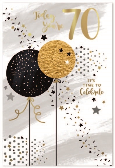 AGE 70 CARDS,Male 6`s Balloons & Confetti