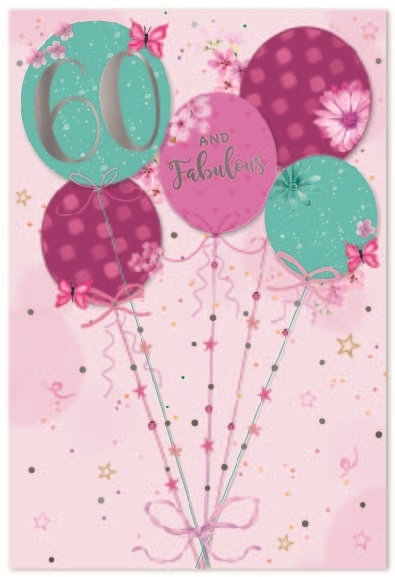 AGE 60 CARDS,Female 6`s Balloons & Butterflies