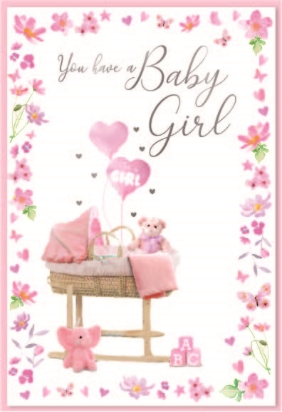 BABY GIRL CONGRATS. CARDS,6`s Pink Cot, Teddies & Balloons