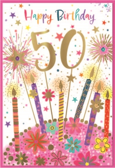 AGE 50 CARDS,Female 6`s Floral Candles & Sparklers