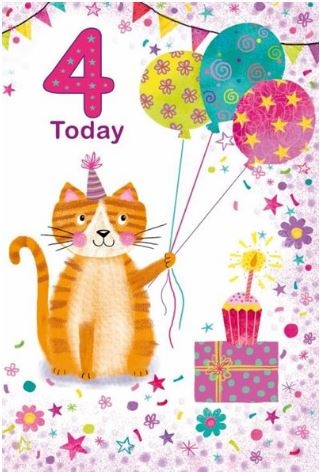 AGE 4 CARDS,Female 6`s Cat, Balloons & Cake.