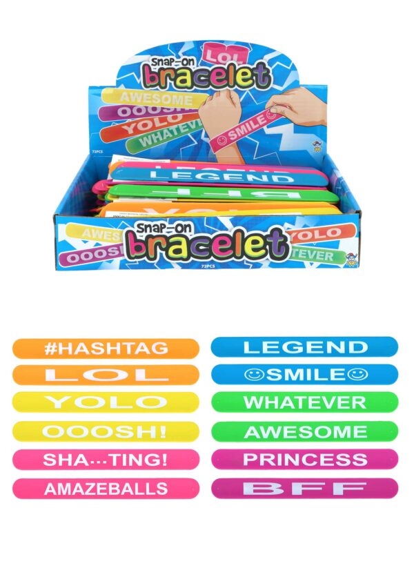 SNAP-ON BRACELET, 23cm12 Asst & Designs Slogans, CDU [Packs Only]