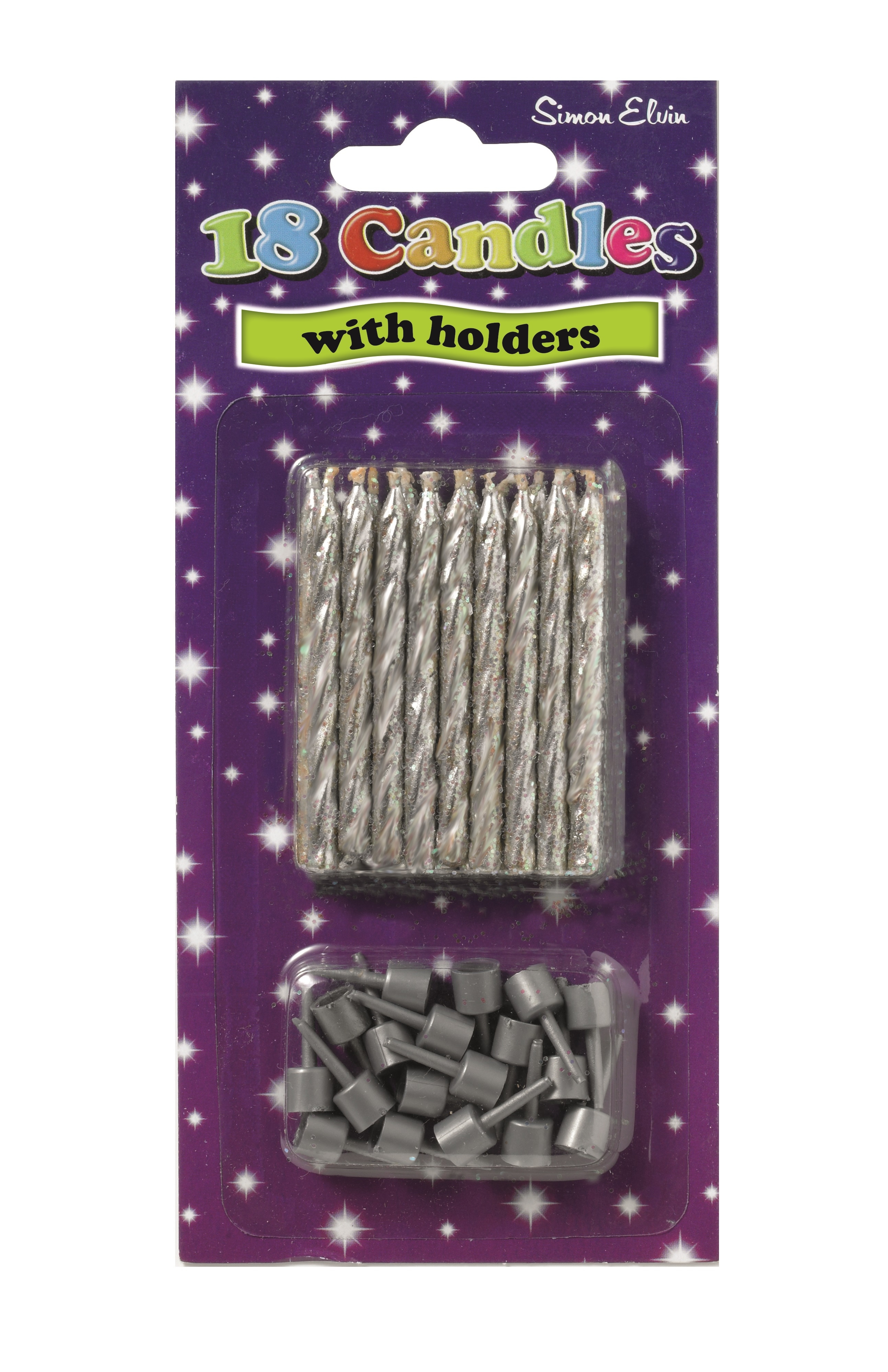 CAKE CANDLES/HOLDERS,Silver 18`s I/cd [Packs Only]