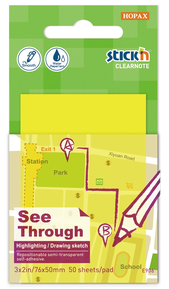 STICK ON NOTES,Clearnote See Through 76 x 51mm Yellow 50`s [Splittable]