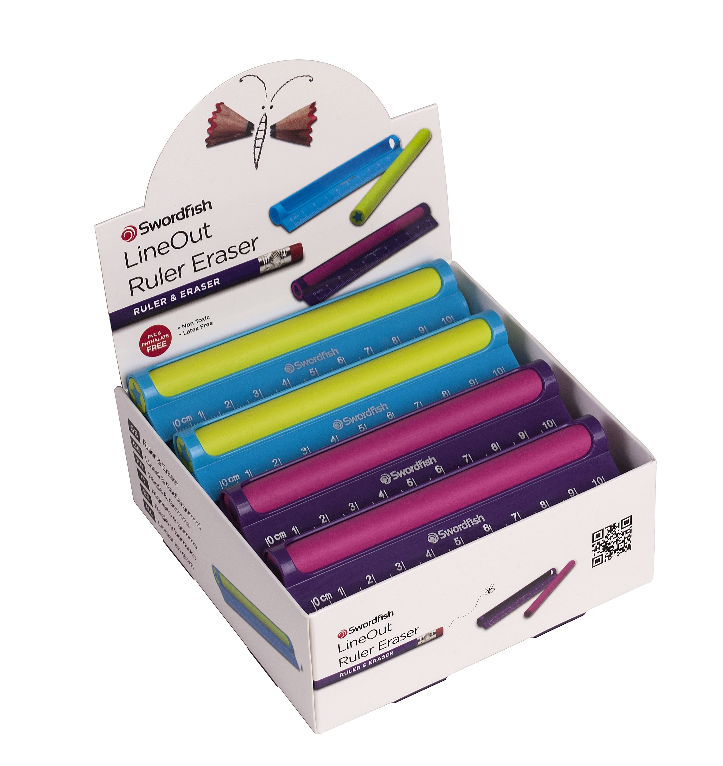 RULER & ERASER,10cm Line Out Assorted Colours CDU [Packs Only]