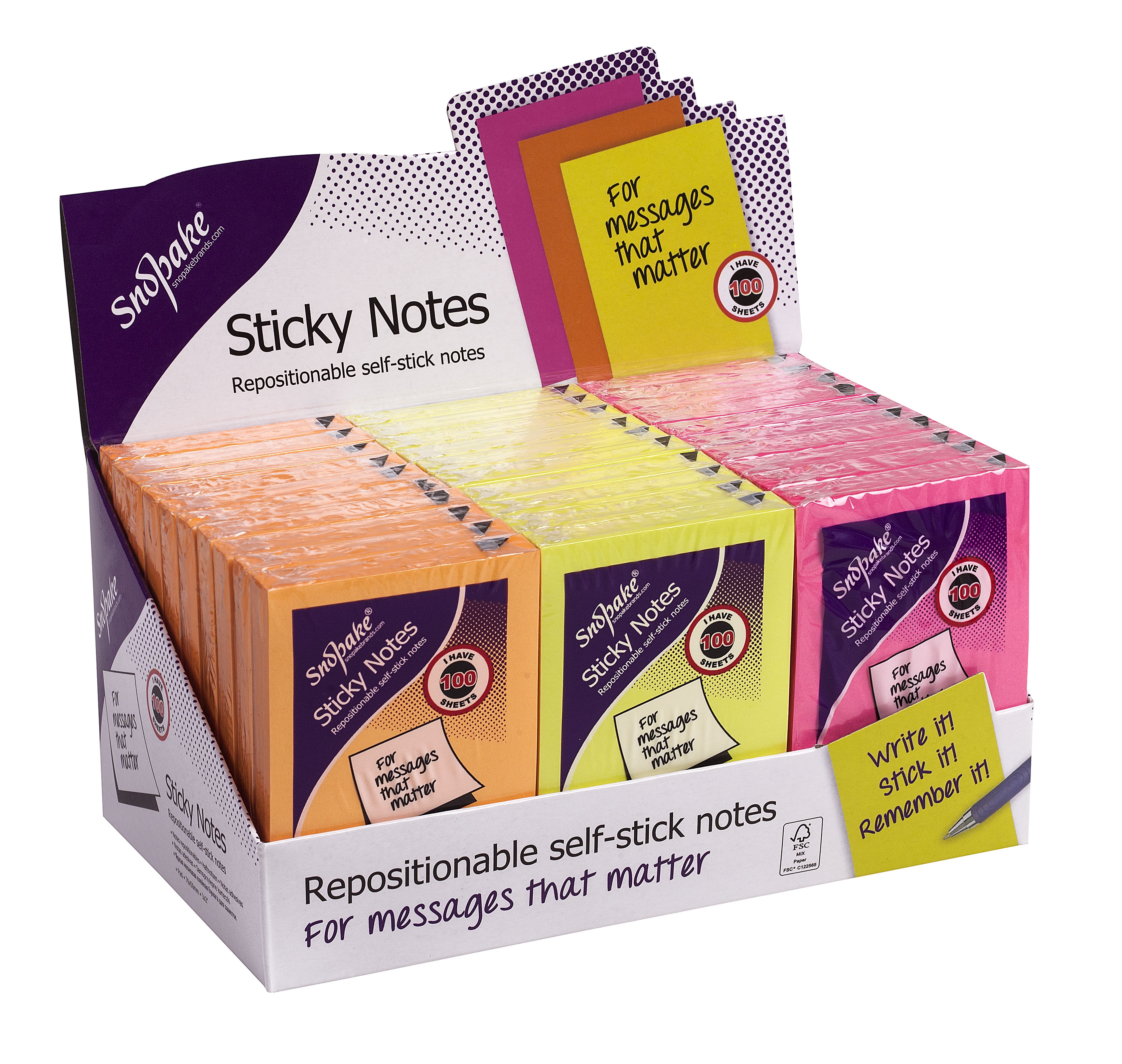 STICKY NOTES,Neon 76 x 50mm 3 Asst Cols. CDU [Packs Only]