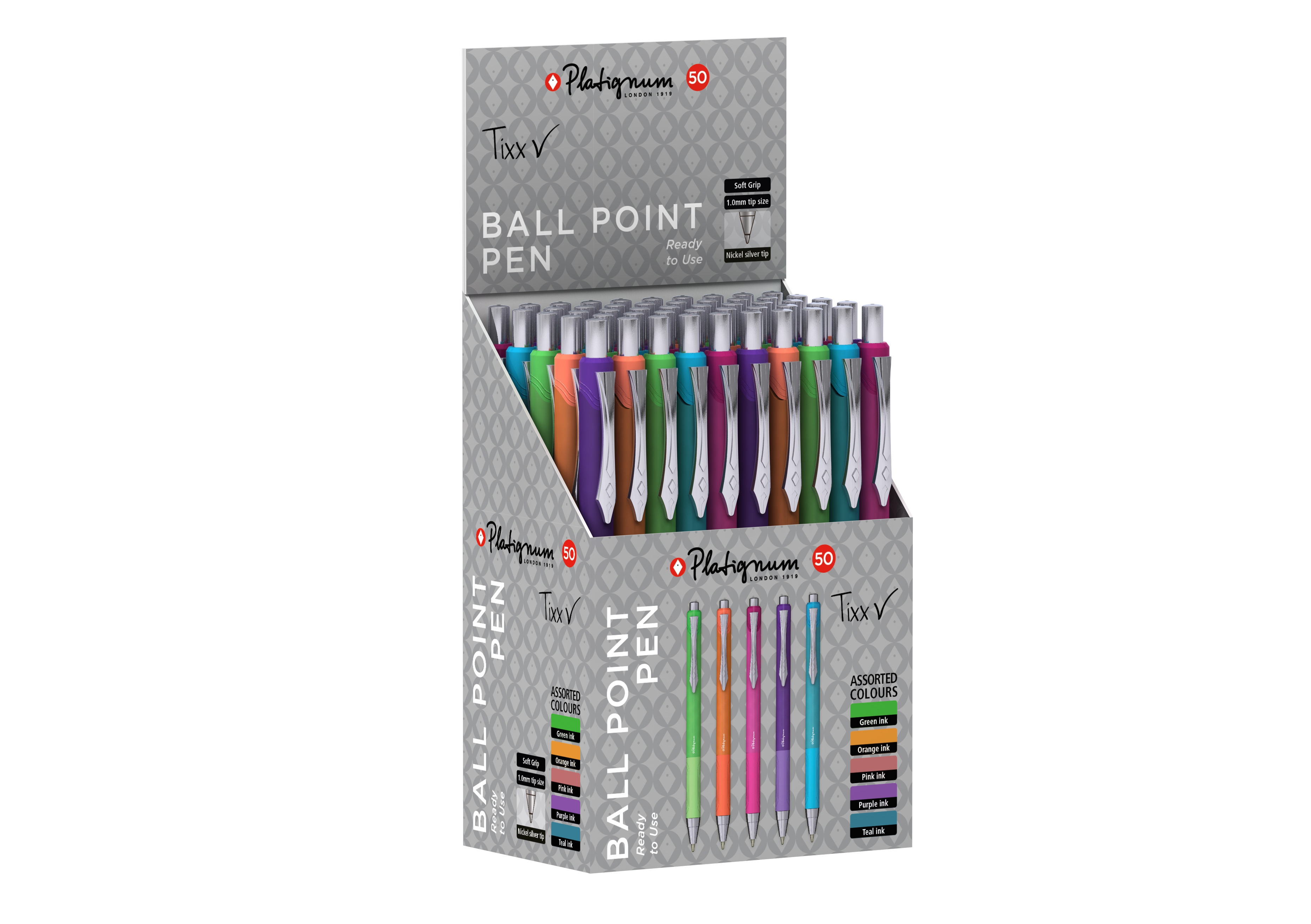 BALL PEN,Tixx V CDU 5 Assorted Coloured Ink [Packs Only]