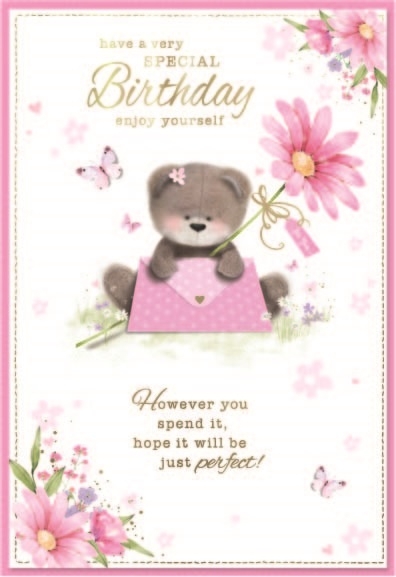 BIRTHDAY CARDS,Female 6`s Teddy with Letter & Flower