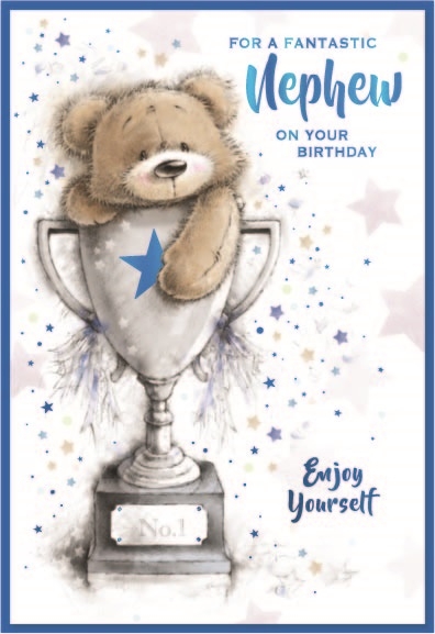 BIRTHDAY CARDS,Nephew 6`s Teddy in Trophy