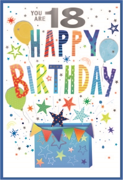 AGE 18 CARDS,Male 6`s Present, Balloons & Stars