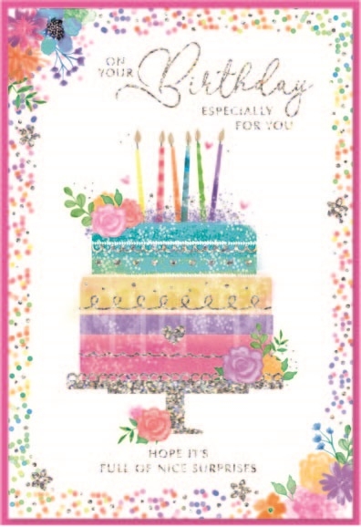 BIRTHDAY CARDS,Female 6`s Colourful Cake & Candles
