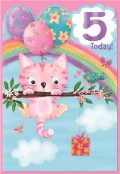 AGE 5 CARDS,Female 6`s Cat, Balloons, Rainbow & Present