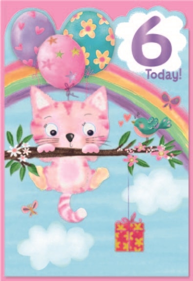 AGE 6 CARDS,Female 6`s Cat, Balloons, Rainbow & Present