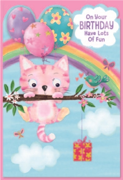 BIRTHDAY CARDS,Female 6`s Cat , Balloons, Rainbow & Present