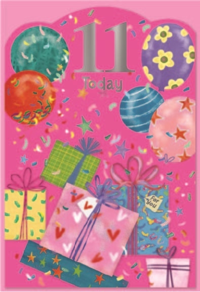 AGE 11 CARDS,Female 6`s Presents & Balloons