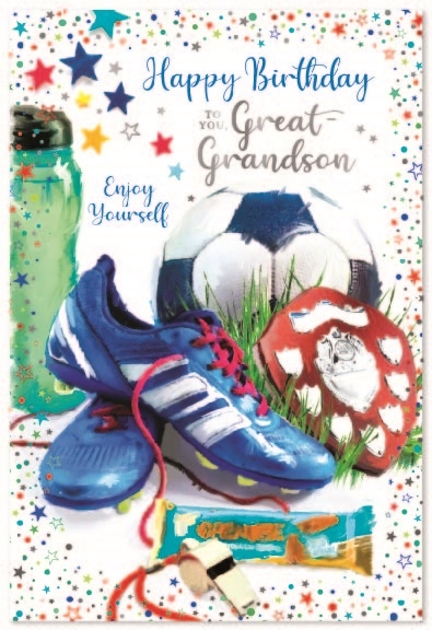 BIRTHDAY CARDS,Great Grandson 6`s Football, Boots & Trophy