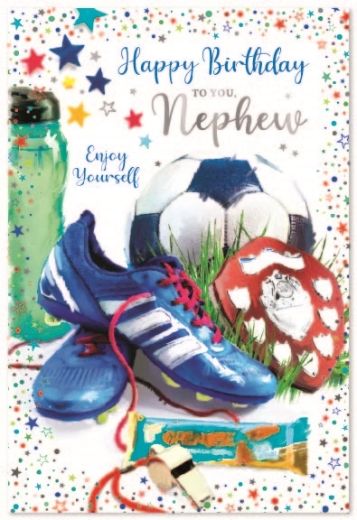 BIRTHDAY CARDS,Nephew 6`s Football, Boots & Trophy