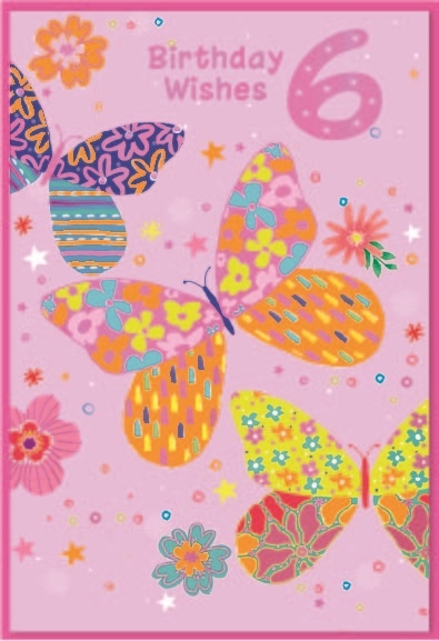 AGE 6 CARDS,Female 6`s Zingy Butterflies & Flowers