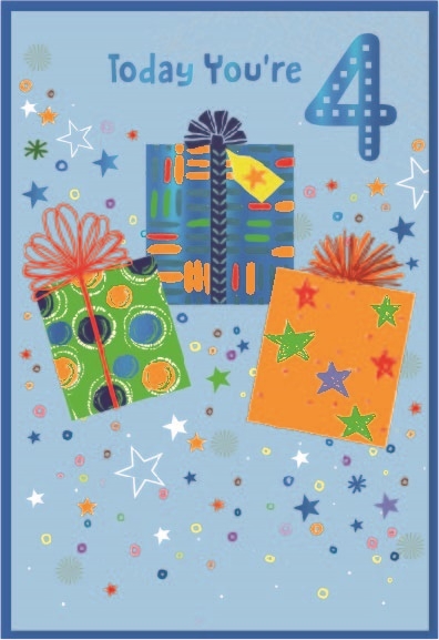 AGE 4 CARDS,Male 6`s Zingy Colourful Presents