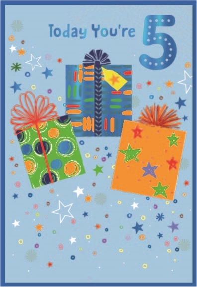 AGE 5 CARDS,Male 6`s Zingy Colourful Presents