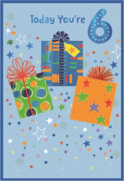 AGE 6 CARDS,Male 6`s Zingy Colourful Presents