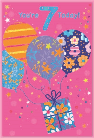 AGE 7 CARDS,Female 6`s Zingy Balloons & Present