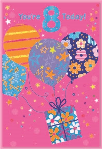 AGE 8 CARDS,Female 6`s Zingy Balloons & Present