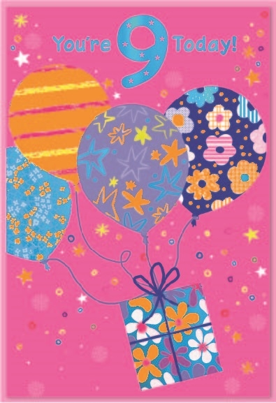 AGE 9 CARDS,Female 6`s Zingy Balloons & Present