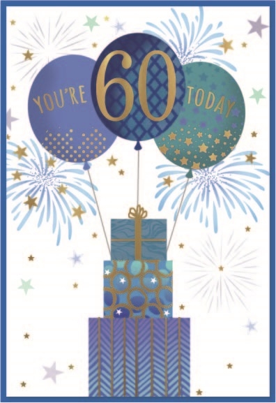 AGE 60 CARDS,Male 6`s Balloons & Presents