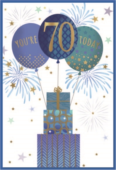 AGE 70 CARDS,Male 6`s Balloons & Presents