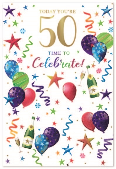 AGE 50 CARDS,Male 6`s Bubbly, Balloons & Streamers