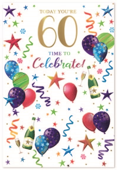 AGE 60 CARDS,Male 6`s Bubbly, Balloons & Streamers