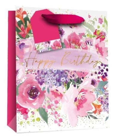 GIFT BAG,Pink Text Happy Birthday Flowers (Large) [Packs Only]