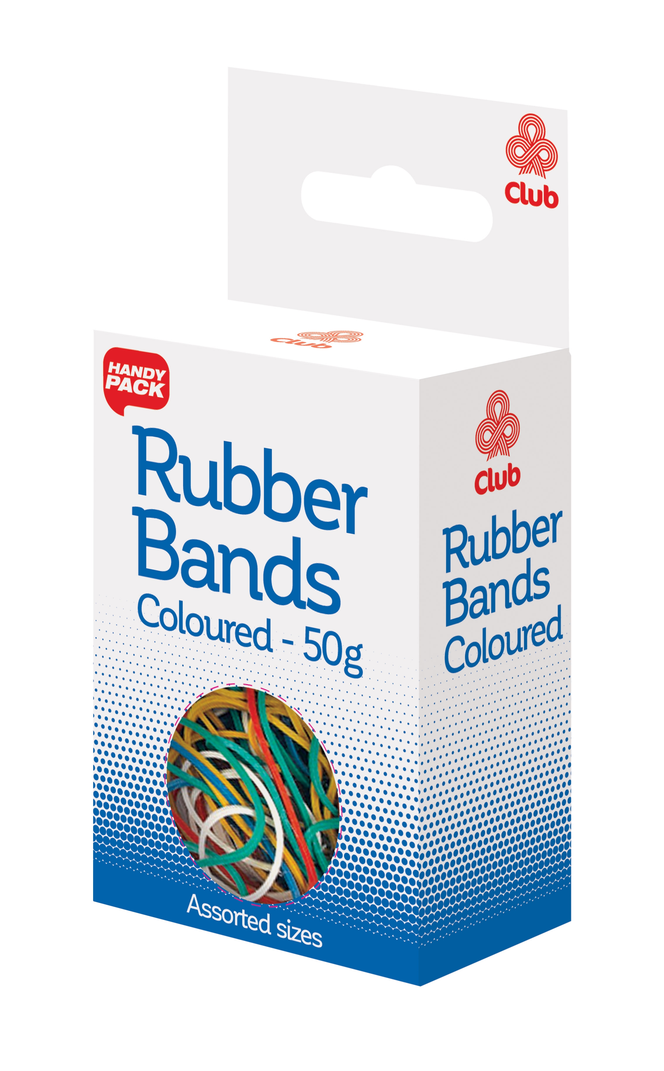 RUBBER BANDS,Asst.Sizes 50gm Coloured Boxed H/pk CB747 [Packs Only]