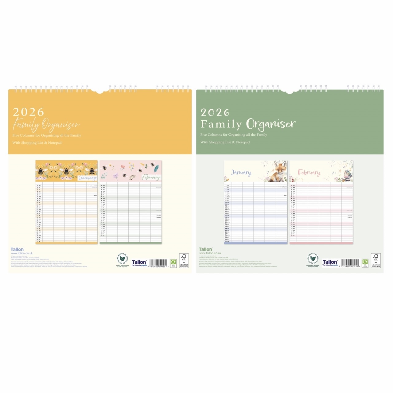 CALENDAR,Family Organiser Animals/Bee 2 Asst 2026 H/pk [Packs Only]