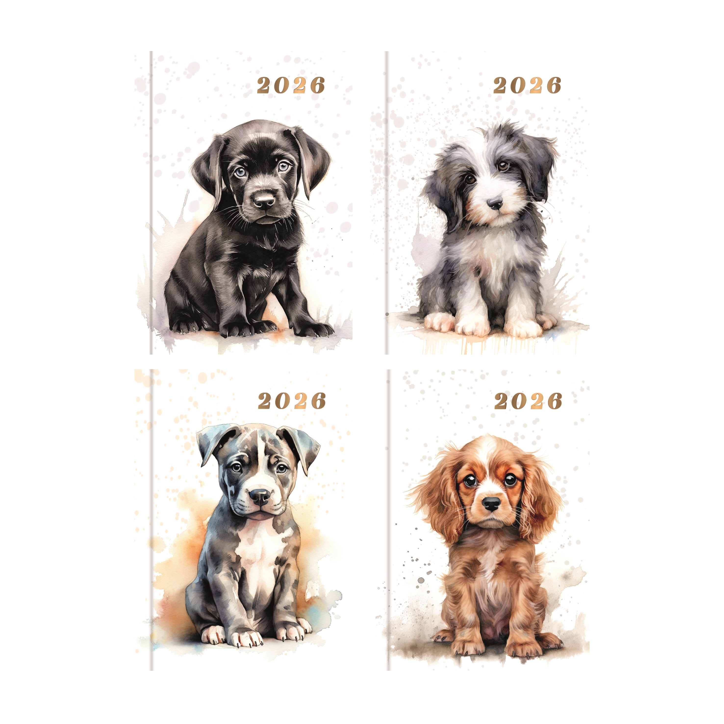 DIARY,Pocket, DOGS 4 Asst. Gold Foil, Week to View 2026 [Packs Only]
