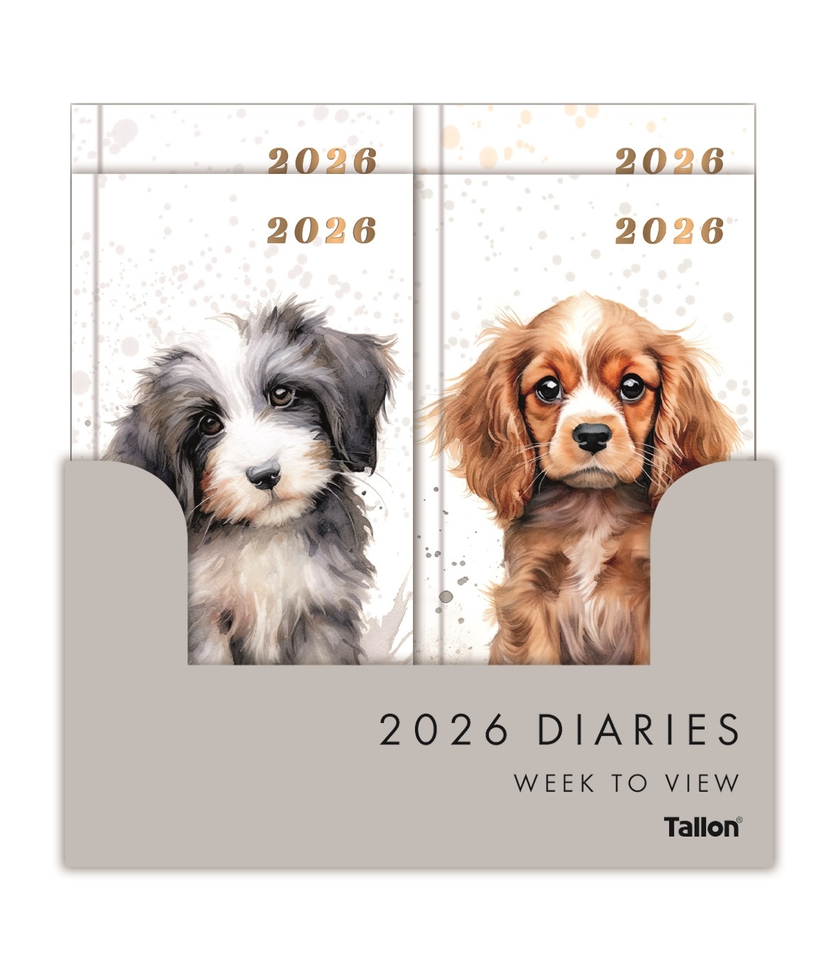 DIARY, Slim, DOGS 4 Asst. Gold Foil, Week to View 2026 [Packs Only]