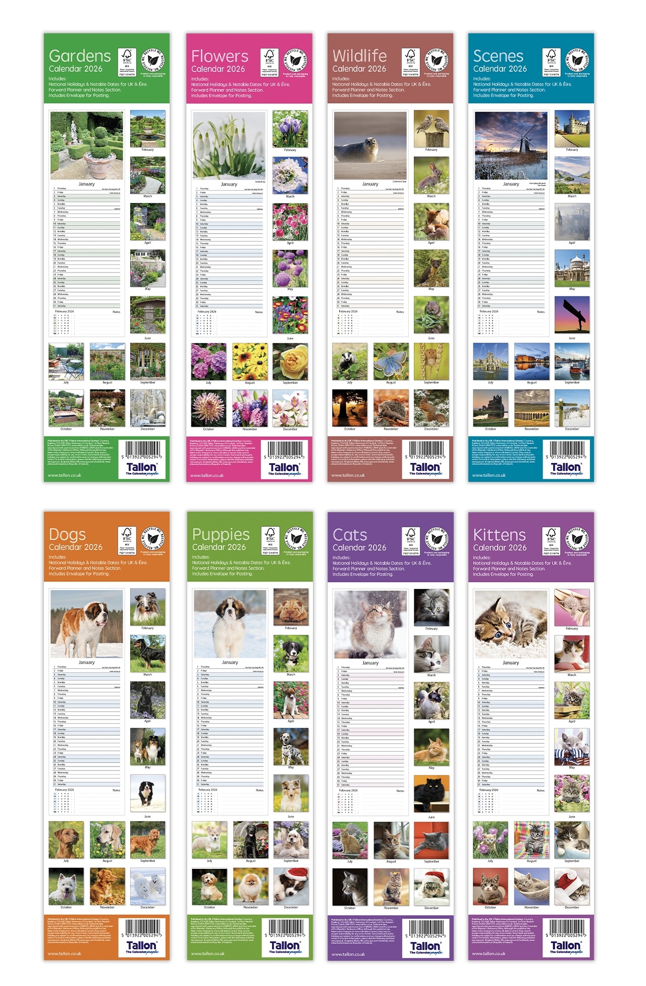 CALENDAR,Slim,Photographic, 8 Asst Animal,Floral etc H/pk [Packs Only]