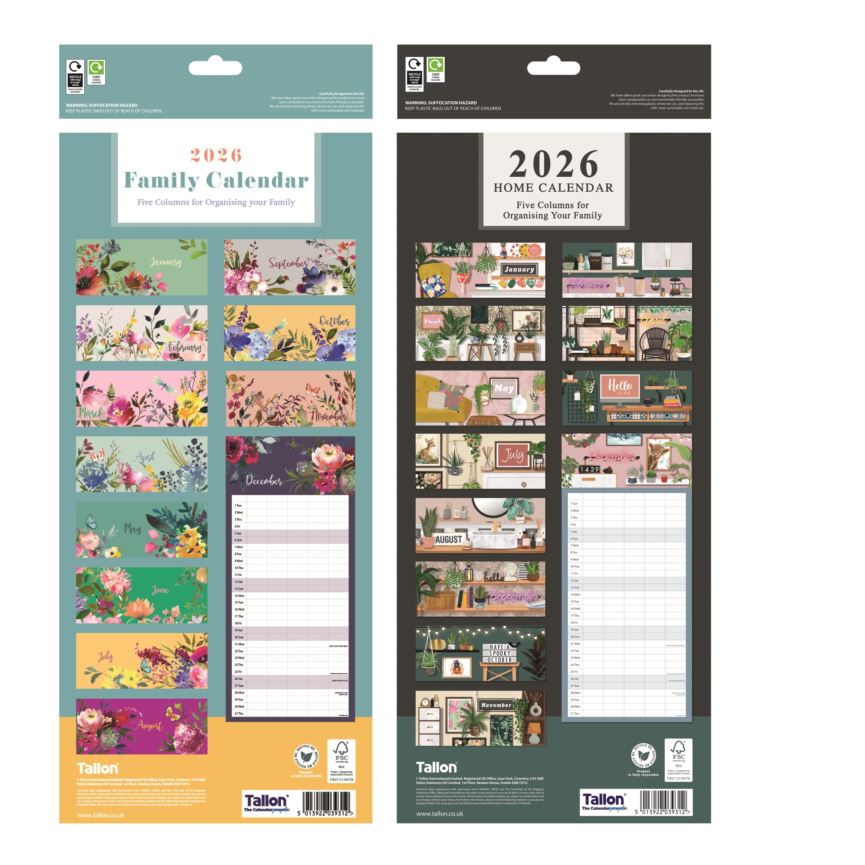 CALENDAR,Family Organiser Slim 5 Columns, 2 Asst. 2026 H/pk [Packs Only]