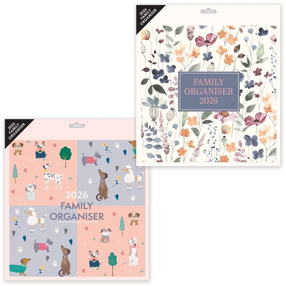 CALENDAR,Family Organiser Flowers/Dogs 2 Asst 2026 H/pk [Packs Only]