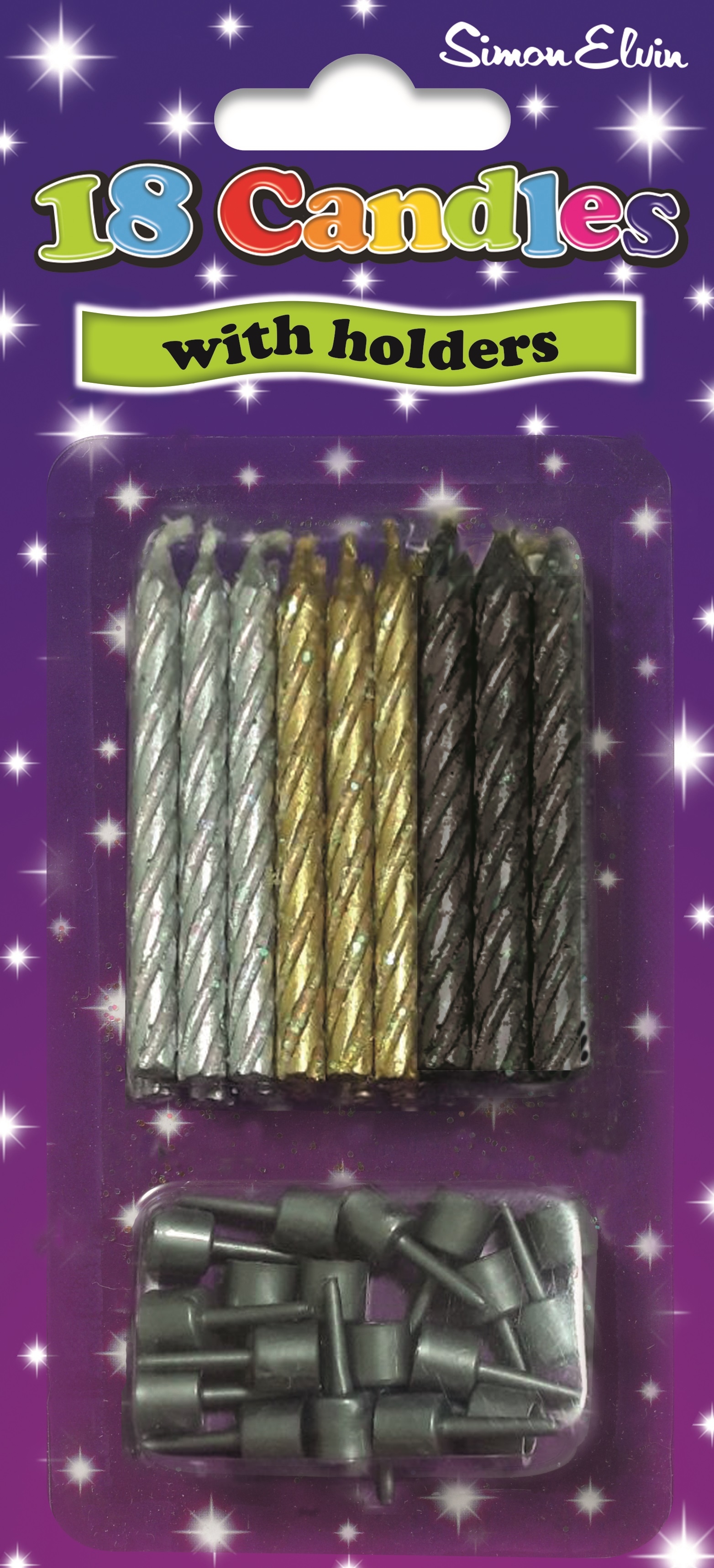 CAKE CANDLES/HOLDERS,Black/ Silver/Gold 18`s I/cd [Packs Only]