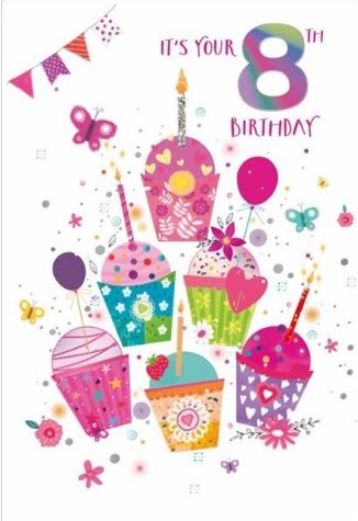 AGE 8 CARDS,Female 6`s Cupcakes, Candles & Butterfly