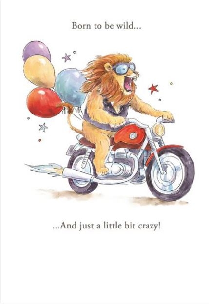 BLANK CARDS,6`s Lion Riding Motorbike With Balloons