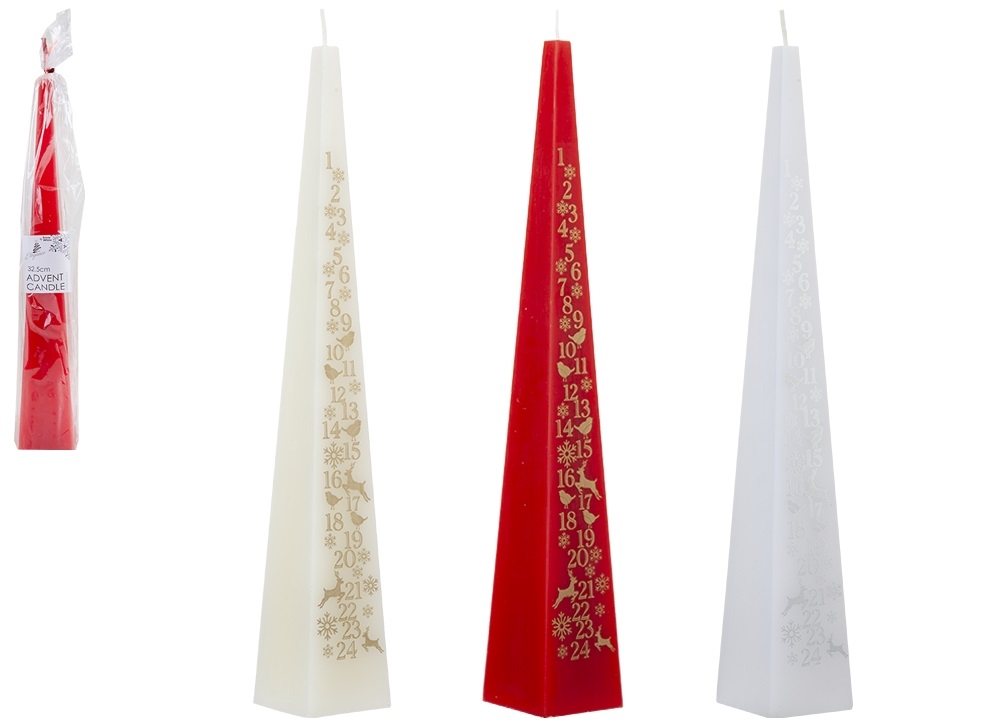 CANDLE,Pyramid Advent 32.5cm Ivory, Red & White Asst. [Packs Only]
